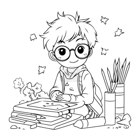 Illustration for Coloring book for children. Little boy with books. Vector illustration. - Royalty Free Image