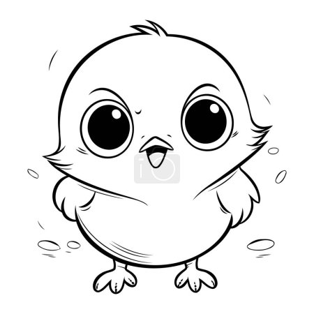 Téléchargez les illustrations : Illustration de dessin animé noir et blanc du personnage mignon d'oiseau de poussin de bébé pour le livre de coloriage - en licence libre de droit