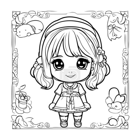 Illustration for Cute little girl with headphones. Vector illustration for coloring book. - Royalty Free Image
