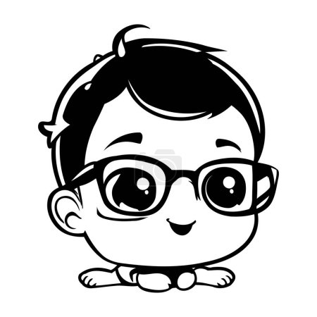 Téléchargez les illustrations : Mignon petit garçon avec lunettes noir et blanc dessin animé illustration - en licence libre de droit