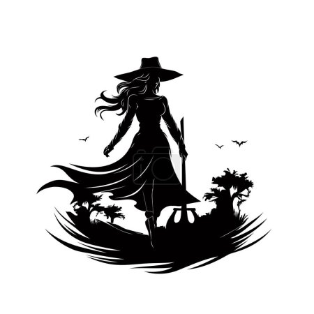 Illustration for Silhouette of a witch with a broom and a hat on a white background - Royalty Free Image