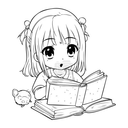 Téléchargez les illustrations : Jolie petite fille lisant un livre. Illustration vectorielle noir et blanc. - en licence libre de droit