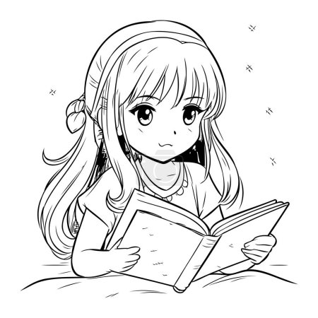 Ilustración de Linda niña leyendo un libro. Ilustración vectorial en blanco y negro. - Imagen libre de derechos