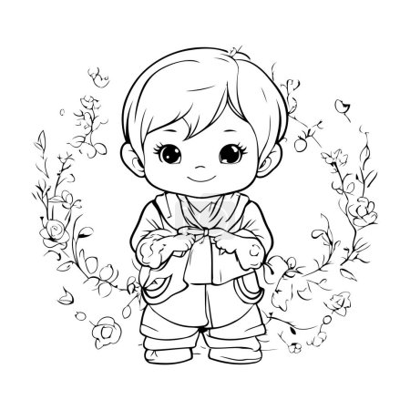 Téléchargez les illustrations : Joli petit garçon avec un bouquet de fleurs. Illustration vectorielle. - en licence libre de droit