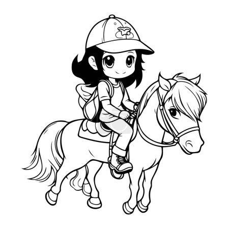 Illustration for Girl riding a horse. Black and white vector illustration for coloring book - Royalty Free Image