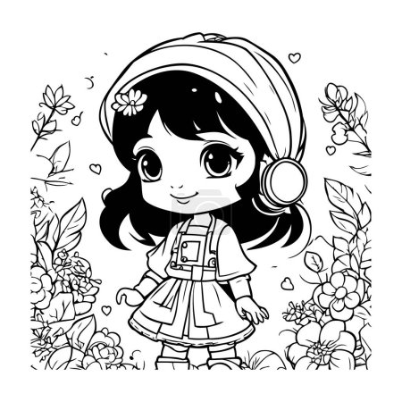 Ilustración de Linda niñita en el jardín. Ilustración vectorial en blanco y negro. - Imagen libre de derechos