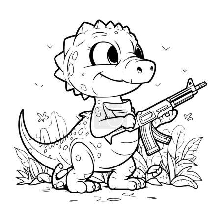 Illustration for Coloring Page Outline Of Cute Dinosaur Cartoon Character With Gun - Royalty Free Image