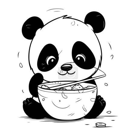 Téléchargez les illustrations : Panda mange un bol de riz. Illustration vectorielle noir et blanc. - en licence libre de droit