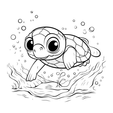 Téléchargez les illustrations : Mignon dessin animé tortue nager dans la mer. Livre à colorier pour enfants - en licence libre de droit