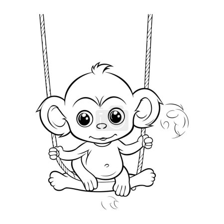 Illustration for Cute cartoon monkey on swing. Vector illustration for coloring book. - Royalty Free Image