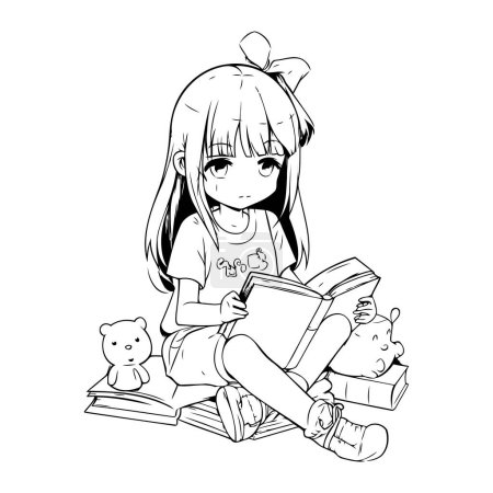 Photo for Cute little girl reading a book. Black and white vector illustration. - Royalty Free Image