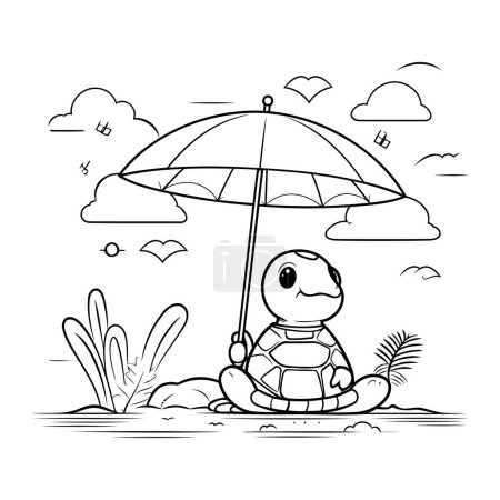 Téléchargez les illustrations : Tortue dessin animé avec parapluie sur la plage. Illustration vectorielle en noir et blanc. - en licence libre de droit