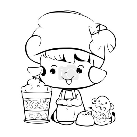 Téléchargez les illustrations : Illustration de dessin animé noir et blanc de la mascotte de personnage mignon de petite fille chef - en licence libre de droit