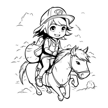 Illustration for Cute little girl riding a horse. black and white vector illustration - Royalty Free Image