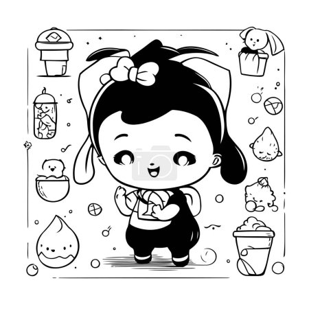 Ilustración de Linda niña con dulces. Ilustración vectorial en blanco y negro. - Imagen libre de derechos