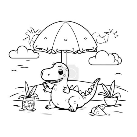 Téléchargez les illustrations : Livre à colorier pour enfants. Mignon crocodile avec un parapluie - en licence libre de droit