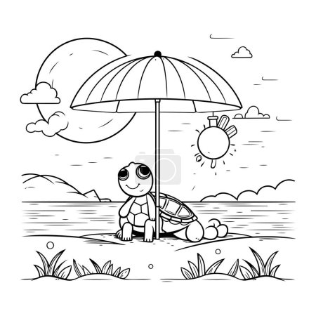 Téléchargez les illustrations : Mignonne petite tortue avec parapluie dans la plage dessin animé vectoriel illustration conception graphique - en licence libre de droit