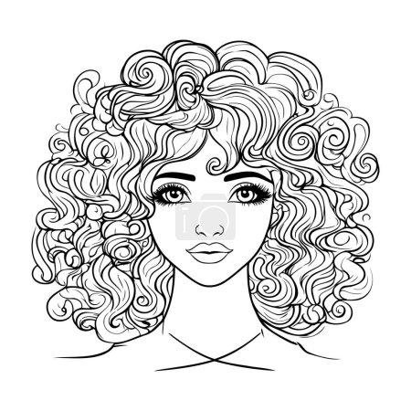 Ilustración de Hermosa mujer con el pelo rizado. Ilustración vectorial para colorear libro. - Imagen libre de derechos