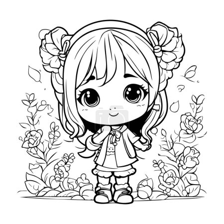 Illustration for Cute little girl with flowers. Vector illustration for coloring book. - Royalty Free Image