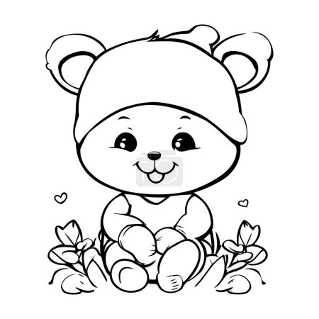 Téléchargez les illustrations : Illustration de dessin animé noir et blanc d'ours mignon personnage animal pour livre à colorier - en licence libre de droit