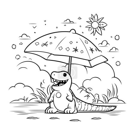 Téléchargez les illustrations : Crocodile mignon avec parapluie dans le paysage illustration vectorielle conception graphique - en licence libre de droit
