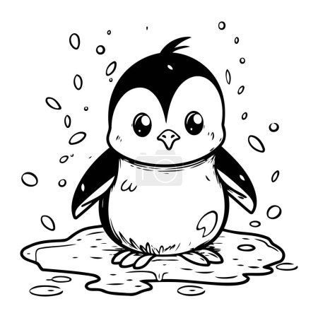 Téléchargez les photos : Mignon pingouin dessin animé sur le rocher. Illustration vectorielle dessinée main. - en image libre de droit