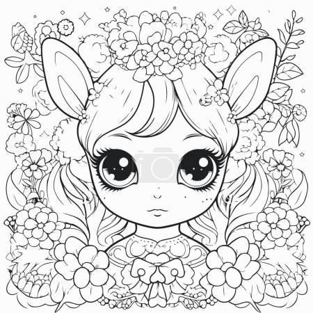 Téléchargez les illustrations : Jolie petite fille avec des fleurs dans les cheveux. Illustration vectorielle pour livre à colorier. - en licence libre de droit