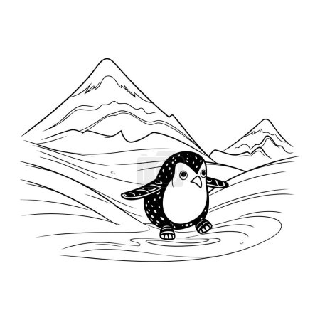 Téléchargez les illustrations : Mignon pingouin dessin animé dans les montagnes de neige illustration vectorielle conception graphique - en licence libre de droit