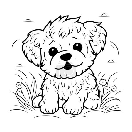 Téléchargez les photos : Mignon chien assis dans l'herbe. Illustration vectorielle noir et blanc. - en image libre de droit