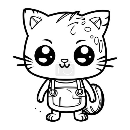 Téléchargez les illustrations : Illustration de dessin animé noir et blanc du personnage animal mignon de chat pour le livre à colorier - en licence libre de droit