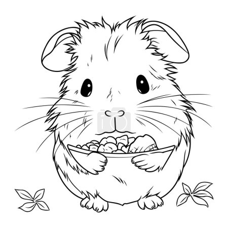 Téléchargez les illustrations : Hamster mignon avec bol de nourriture sèche. Illustration vectorielle noir et blanc. - en licence libre de droit