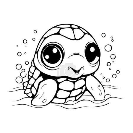 Téléchargez les illustrations : Mignon dessin animé tortue nager dans la mer. illustration vectorielle noir et blanc. - en licence libre de droit