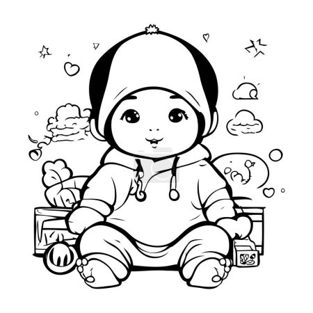 Téléchargez les illustrations : Mignon petit garçon en vêtements d'hiver. Illustration vectorielle pour livre à colorier. - en licence libre de droit