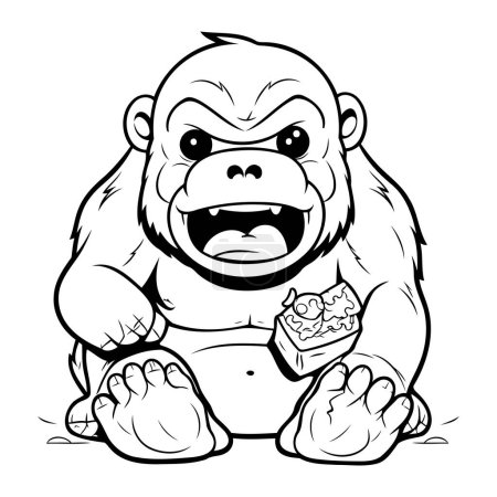 Ilustración de Personaje de la mascota de dibujos animados gorila comiendo pastel Ilustración en blanco y negro - Imagen libre de derechos