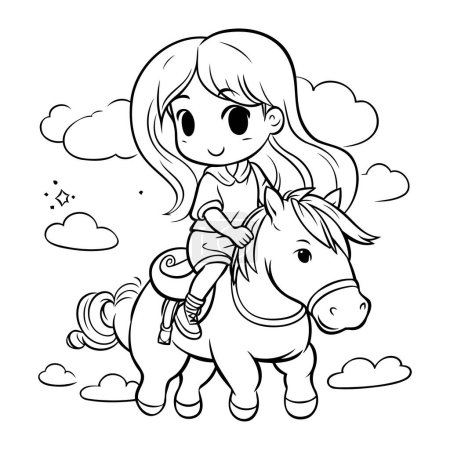 Téléchargez les illustrations : Coloriage Aperçu d'une petite fille chevauchant un cheval. - en licence libre de droit