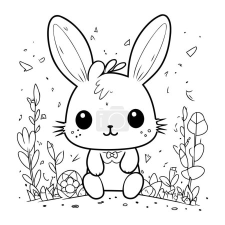 Téléchargez les illustrations : Mignon petit lapin avec nœud papillon dans le jardin vectoriel illustration design - en licence libre de droit