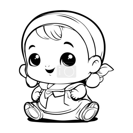 Téléchargez les illustrations : Illustration de bande dessinée en noir et blanc du personnage mignon de bébé garçon pour le livre à colorier - en licence libre de droit