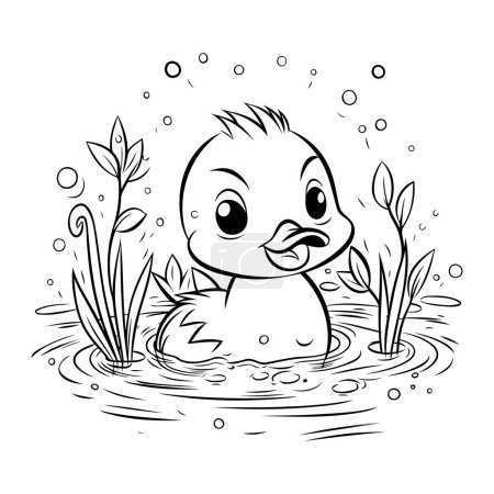 Téléchargez les illustrations : Canard nageant dans l'étang. Illustration vectorielle noir et blanc. - en licence libre de droit