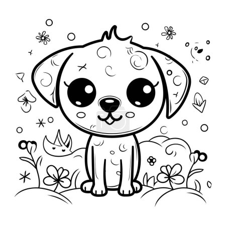 Téléchargez les illustrations : Mignon chien de dessin animé avec des fleurs. Illustration vectorielle pour livre à colorier. - en licence libre de droit