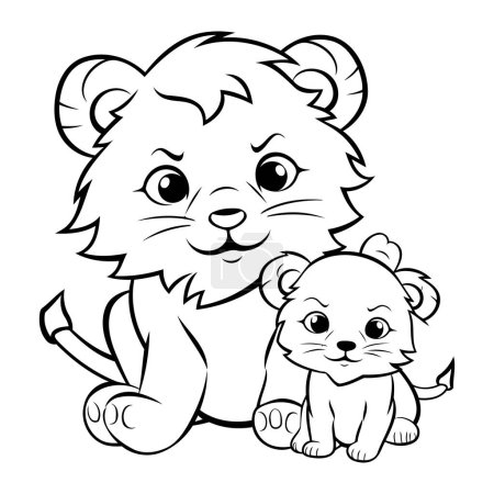 Téléchargez les illustrations : Illustration de bande dessinée en noir et blanc du livre de coloriage de personnage animal mignon de bébé lion - en licence libre de droit