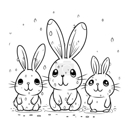Illustration for Rabbits with water drops. Black and white vector illustration. - Royalty Free Image