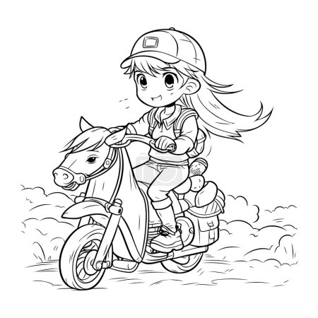 Téléchargez les illustrations : Jolie petite fille en moto. Illustration vectorielle pour livre à colorier. - en licence libre de droit