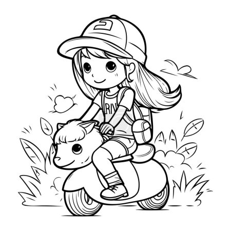 Illustration for Coloring Page Outline Of a Little Girl Riding a Scooter - Royalty Free Image