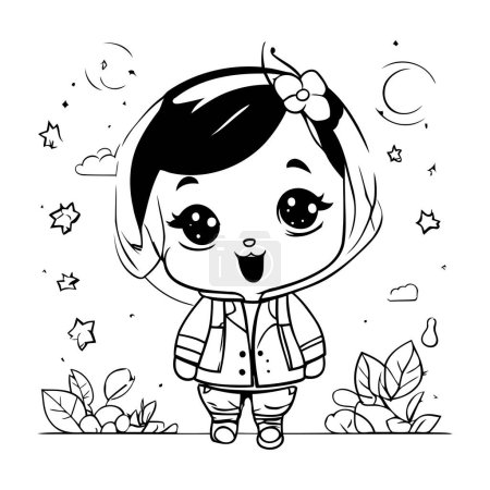 Téléchargez les illustrations : Jolie petite fille en pyjama. Illustration vectorielle pour livre à colorier. - en licence libre de droit