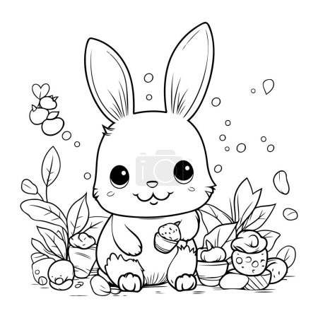 Téléchargez les illustrations : Mignon lapin dessin animé avec des œufs de Pâques. Illustration vectorielle pour livre à colorier. - en licence libre de droit