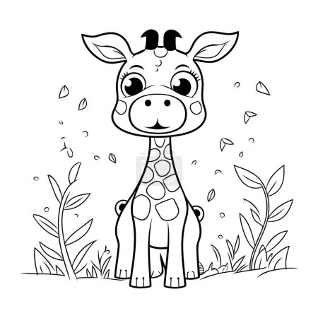 Téléchargez les illustrations : Mignon girafe animal dessin animé vecteur illustration conception graphique en noir et blanc - en licence libre de droit
