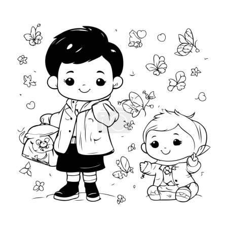 Ilustración de Niño y niña con mochilas y mariposas. Ilustración vectorial para su diseño - Imagen libre de derechos