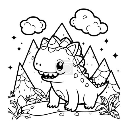 Ilustración de Lindo dinosaurio en el campo con montañas y nubes vector ilustración diseño - Imagen libre de derechos