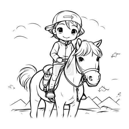 Illustration for Little girl riding a horse. Vector illustration in black and white. - Royalty Free Image