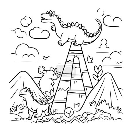 Ilustración de Dinosaurio en la cima de la colina. Ilustración vectorial para colorear libro. - Imagen libre de derechos